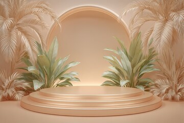 Poster - Elegant advertising concept with a gold premium 3d podium stage platform background and an empty product pedestal for luxury presentation