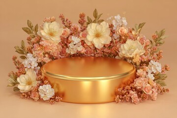 Fototapete - Luxury presentation setting featuring a gold premium 3d podium stage platform background with an empty product pedestal and elegant advertising concept