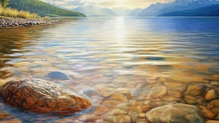Poster - A serene scene featuring a lake with rocks submerged in the water