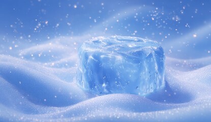 Poster - D winter background featuring an empty ice podium on a stage with snow for product presentation, cosmetic advertising, or display on a cold iceberg pedestal mockup template and blank frozen stone