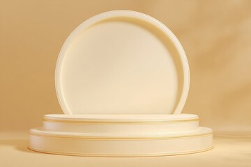 Fototapete - A luxurious golden podium stage with a 3D background features a gold platform for product presentation, display, and an empty premium pedestal for showcasing high-end items on a cylindrical sale