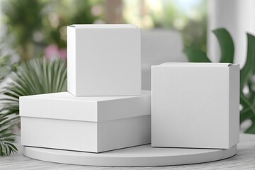Fototapete - Modern white product stage display scene features a 3d podium background with a minimal geometric platform base or an empty presentation studio stand mockup and a blank premium show pedestal on a