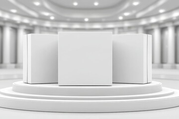 Fototapete - A 3d podium background with a minimal geometric platform base or an empty presentation studio stand mockup and a blank premium show pedestal sits on a soft clean floor in a modern white product stage