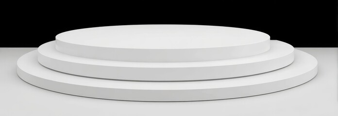 Fototapete - A 3D PNG background featuring a white, modern, round podium stage platform with a step, set in a presentation show product display studio scene, including an empty circle pedestal, geometric