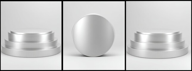 Fototapete - The presentation features an empty metallic stand, a silver showcase, and a chrome stainless concept set against the background of an abstract metal stage on a 3D platform