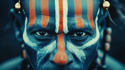 Poster - A close-up shot of a person with a colorful, painted face mask or design