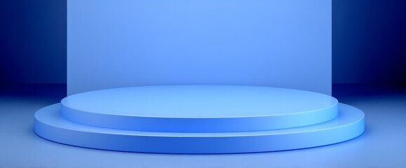 Fototapete - A 3D platform with a light blue podium and transparent background serves as a modern display stage for showcasing products, including empty cosmetic stands and blank advertising shelves