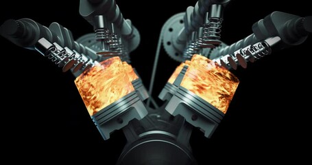 Poster - Wireframe Car Animation Exposing the Motion of a V8 Engine With Moving Pistons. Industry And Technology Related 3D Animation.