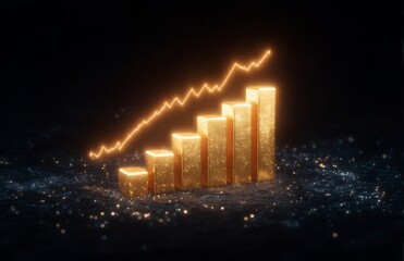 Poster - A 3D profit graph serves as the background for a gold bar representing financial investment, stock, and global economy trade, illustrating business market concepts, capital marketing, and golden