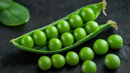 Poster - A pod of green peas sitting on a dark background