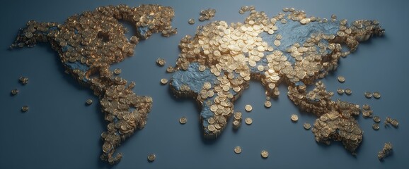 Poster - The concept of global currency and gold in international business and finance is represented through a 3d background of international economy and foreign money transfer