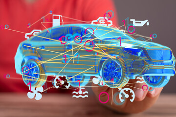 Poster - Futuristic image of a car with digital maintenance and diagnostic data. Perfect for tech, automotive, and innovation.