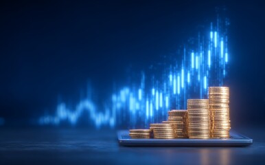 Poster - Digital financial investment technology symbolizes a thriving finance business concept, depicted on a 3D buy and sell background that embodies successful stock strategies, marketing analysis, and