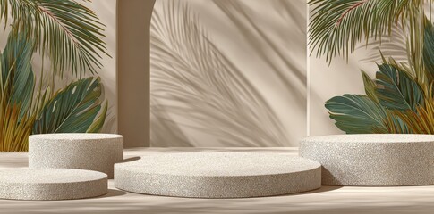 Fototapete - The studio stand features a summer podium display product on a minimal wall with a 3D stage, abstract light shadow, and a beige background, highlighting a modern and natural presentation of cosmetic