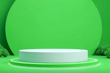Fototapete - A blank studio setting incorporates a minimal green podium product presentation 3d background with an empty pedestal stage display mockup scene platform stand for a modern cosmetic show advertising