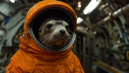 Poster - A close-up shot of a seal wearing a futuristic space suit, highlighting its curiosity and exploration