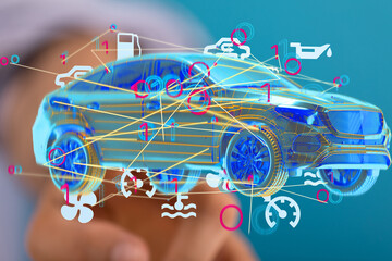 Poster - Futuristic car technology concept.  Digital visualization of vehicle data and diagnostics.