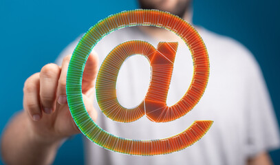 Poster - Abstract image of a person's hand interacting with a glowing email symbol. Perfect for technology, communication, and digital concepts.