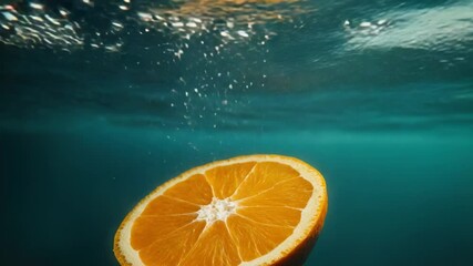 Poster - Fresh orange slice drifting on calm water's surface