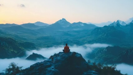 Poster - A person sits atop a mountain peak with breathtaking scenery