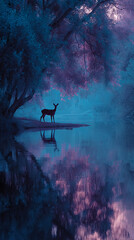 Poster - Deer silhouetted by water reflection under twilight tree, showcasing tranquility and nature's serenity, ideal for calming or mystical themes