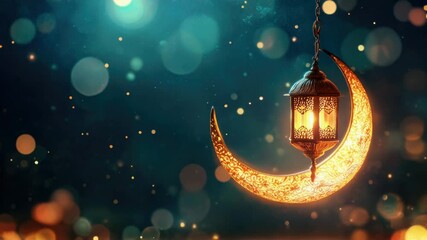 Poster - A lantern hangs from the side of a crescent moon shape, potentially used for decoration or navigation