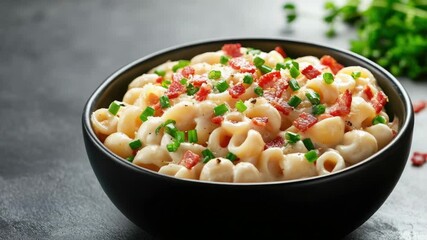 Poster - A serving of macaroni topped with crispy bacon and fresh green onions