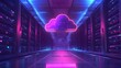 © Nazmul - Data Cloud in server room: A futuristic data server room illuminated with neon lights, showcasing a luminous cloud symbol floating, symbolizing modern cloud computing and data storage.