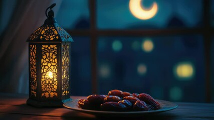 Poster - Fresh dates arranged on a table near a warm lantern