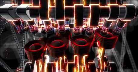 Poster - Sports Car Hood Opens to Reveal a High-Performance V8 Engine In Motion. Industry And Technology Related 3D Animation.