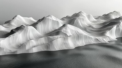 Monochrome Mountains and Water Reflection, Abstract Landscape Art, 3D Rendered Scenery