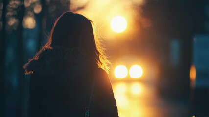 Poster - A woman walking alone on a street during sunset