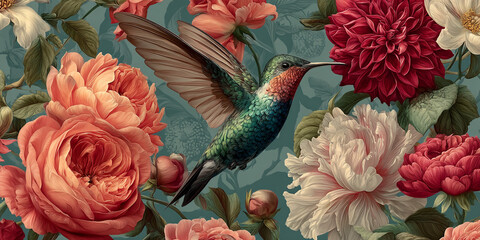 Aufkleber - Hummingbird in flight amidst vibrant roses and dahlias, teal background.  Illustrative style, nature's beauty and delicacy