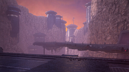 Poster - Dark moody futuristic sci-fi environment background. 3D rendered illustration.