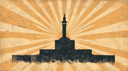 Vintage illustration of a structure against a sunburst background.
