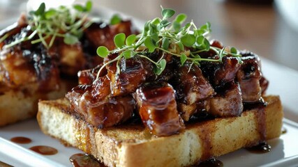Poster - A white plate topped with two slices of bread and meat, suitable for a rustic dinner or snack