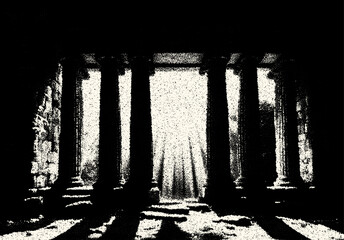Poster - Ancient ruins in sci-fi scene with dotwork retro style. Mysterious gate debris with dramatic lights and retro texture