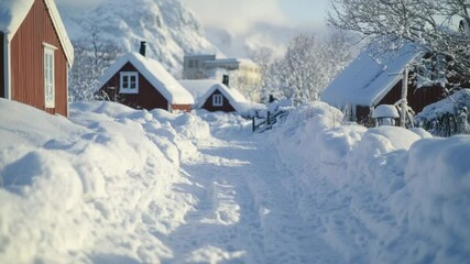 Poster - A quiet winter scene featuring a snow-covered street with houses and buildings in the background