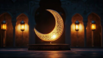 Poster - A golden crescent-shaped lamp illuminates a dark room with warm light