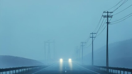 Poster - A vehicle navigates through dense fog on a rural highway