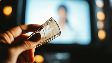 Poster - A person holds a film strip in front of a TV, showing old home movies