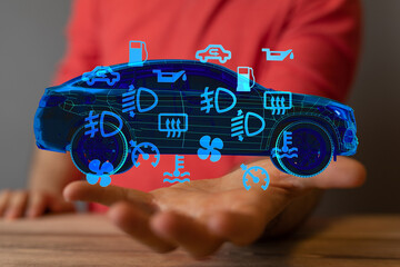 Poster - Stock photo of digital car dashboard warning lights and symbols displayed on a hand.