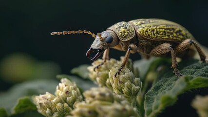 Poster - A bug perched on top of a plant with leaves and greenery