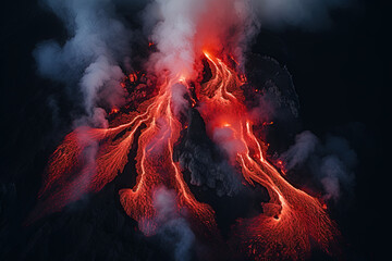 Wall Mural - Volcano eruption from a bird view. Volcano crater and magma flow shot from above. Genertated AI.