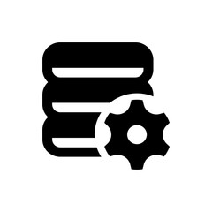 Poster - Black and white illustration of a database server stack with a gear icon overlapping the structure for settings