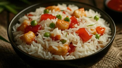Poster - A simple meal on a table, featuring a bowl of rice and various vegetables