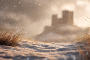 Aufkleber - Close-up of snow texture with blades of grass, blurred castle background, light snowfall, conveying winter serenity and tranquility
