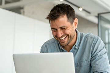 happy man smiling at laptop screen positive work-life balance