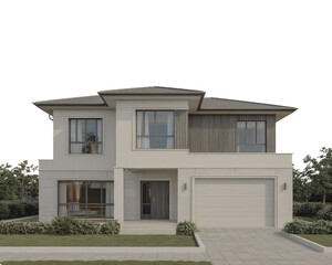Poster - View of a two story house with garage and lawn area on a sunny day outside on transparent background