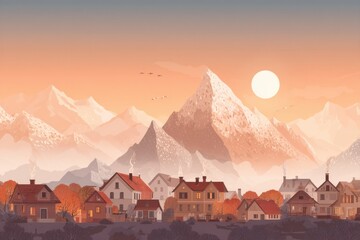 Poster - Mountain Village Awakens at Sunrise With Chimney Smoke Rising Against Majestic Peaks